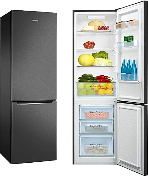 Lodówko-zamrażarka Amica KGCL 387 150 S | FrostControl, szuflada VitControl Plus, funkcja super chłodzenia | 262 l, klasa E, 540x550x1760 mm | Czarna stal nierdzewna | NETSKLEP.COM