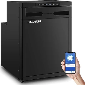 Turystyczna lodówko-zamrażarka samochodowa Bodega 45 l | chłodzenie sprężarkowe dwustrefowe, sterowanie aplikacją (Bluetooth) + manualne, 3-stopniowa ochrona akumulatora | 45 l, zasilanie 12/24 V DC (bez 230 V), zakres -20 do +8°C, < 45 dB