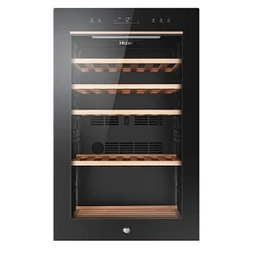 Chłodziarka do wina Haier HWS49GA | Natural Airflow z kontrolą wilgotności, szklane drzwi z filtrem anty-UV, system antywibracyjny | 49 butelek, 1 strefa (+5 do +20°C), klasa F, wys. 82 cm | czarna