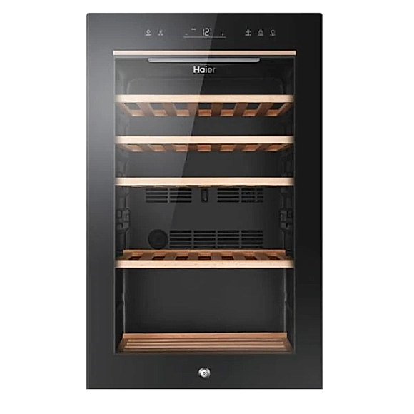 Chłodziarka do wina Haier HWS49GA | Natural Airflow z kontrolą wilgotności, szklane drzwi z filtrem anty-UV, system antywibracyjny | 49 butelek, 1 strefa (+5 do +20°C), klasa F, wys. 82 cm | czarna  | NETSKLEP.COM