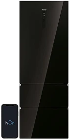 Lodówka wolnostojąca Haier HTW7720DNGB (3D Seria 7) | pełny No Frost, sterowanie WiFi (hOn), szuflada My Zone | 483 l (343/140), klasa D, ~35 dB, wys. 200,6 cm | czarne szkło