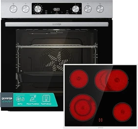 Zestaw do zabudowy Gorenje Inox Set 4 | piekarnik BCS6737E06X 77 l + płyta ceramiczna HiLight ECD634SC, AirFry, Pizza, AquaClean | inox