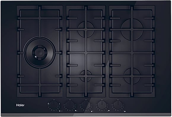 Płyta gazowa Haier HAVG7WL4BPB Gas On Glass | 5 palników, szkło hartowane, ruszty żeliwne, Preci Flame, 74,5 cm